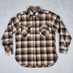 Vintage Pendleton Men Large Brown Plaid Wool Flannel Board Button Shirt USA Made